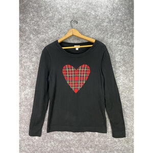 J.CREW Sweater Womens Medium Black Plaid Heart Graphic Cotton Pullover